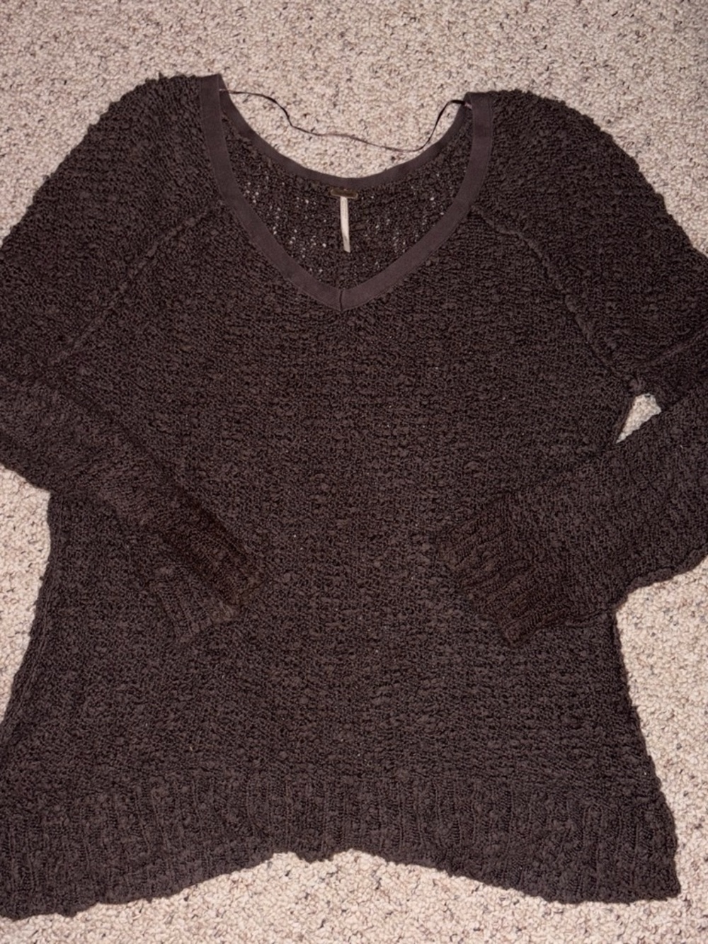 Free People Dark Brown V-Neck Chunky Knit Sweater